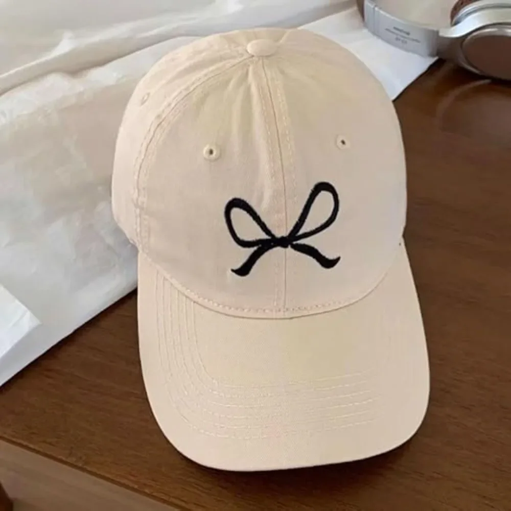 Unisex Beige Black Embroidered Bow Tie 100% Cotton Adjustable Fit Baseball Caps - Picture 2 of 2